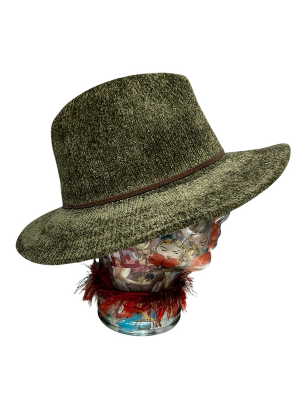 Olive Green Wide Brim Hat Chenille Textured Fedora One Size Boho Western - Picture 4 of 13